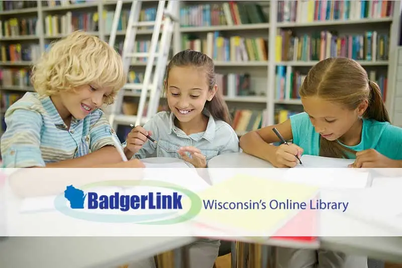 BadgerLink logo and kids doing homework in a library